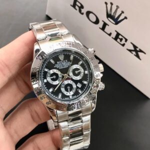 Rolex Daytona Rotating Bezel Quartz Machine | Quartz Chronograph Movement Silver Stainless Steel Strap Watch With Master Lock For Men ( With Normal Box )